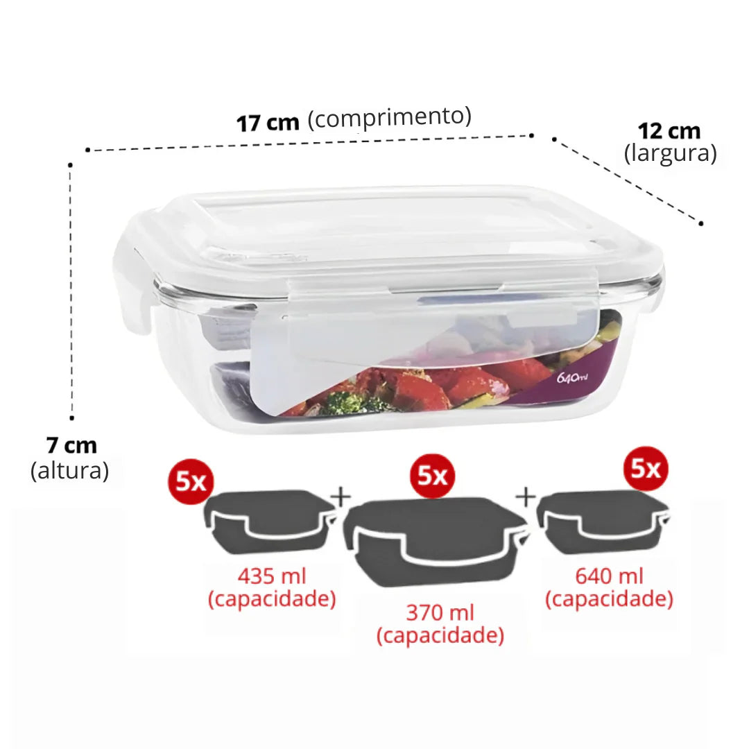 Kit com 15 Potes Herméticos de Vidro + 10 Copos de Vidro Aruba de Brinde