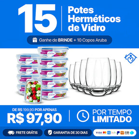 Kit com 15 Potes Herméticos de Vidro + 10 Copos de Vidro Aruba de Brinde