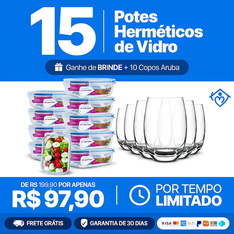 Kit com 15 Potes Herméticos de Vidro + 10 Copos de Vidro Aruba de Brinde
